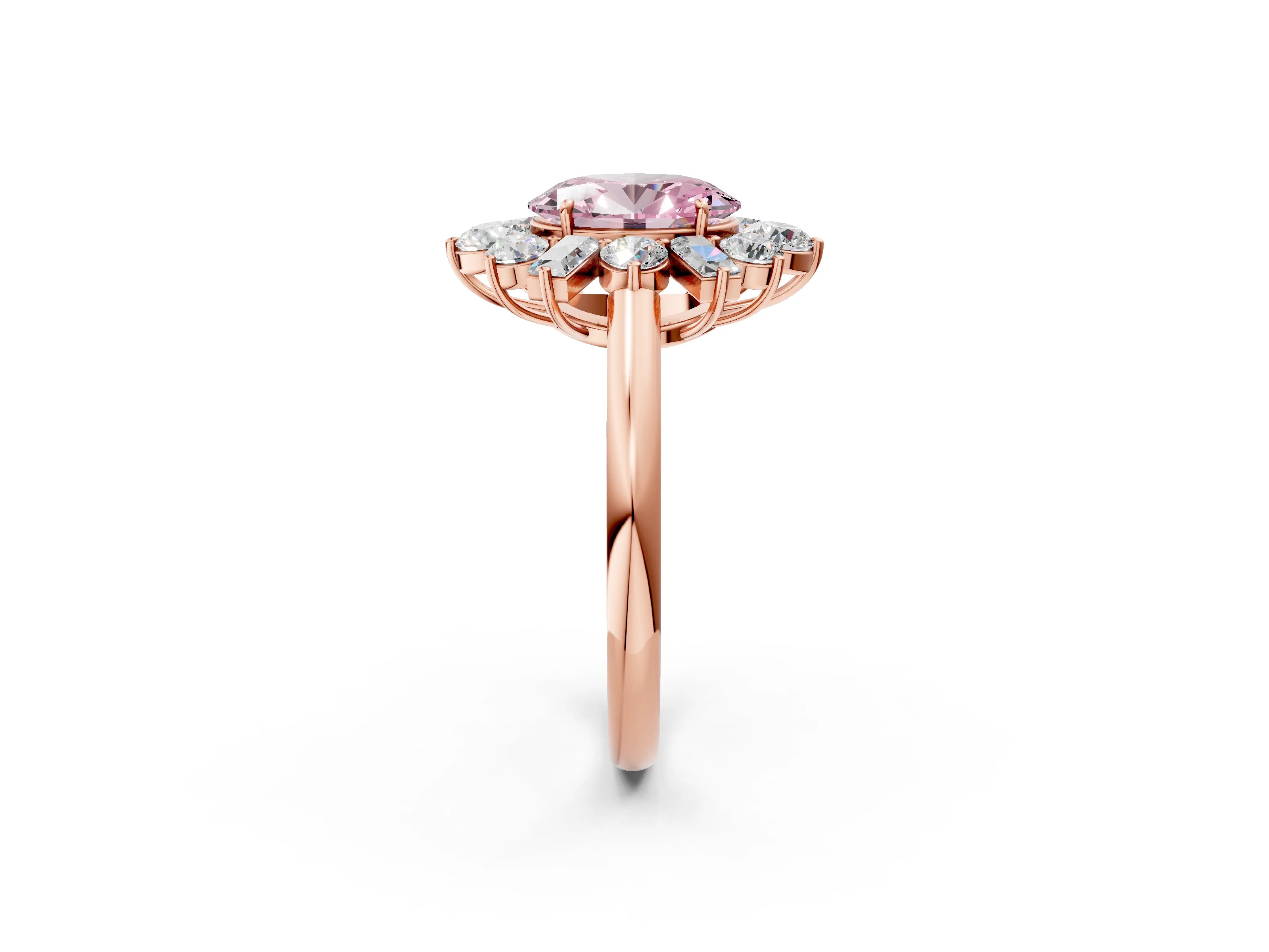 Rose gold Fancy Pink Oval Cut Diamond Cluster Ring with Round and Baguette Stones, Split Shank Band, Prong Setting_2