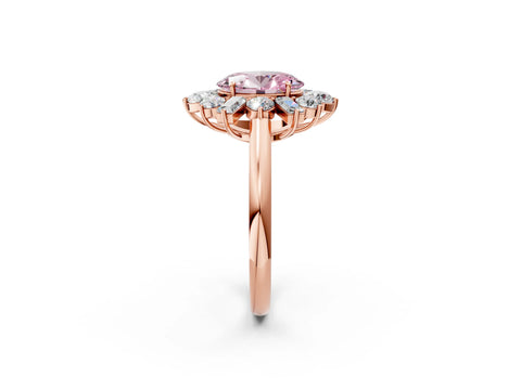 Rose gold Fancy Pink Oval Cut Diamond Cluster Ring with Round and Baguette Stones, Split Shank Band, Prong Setting_2