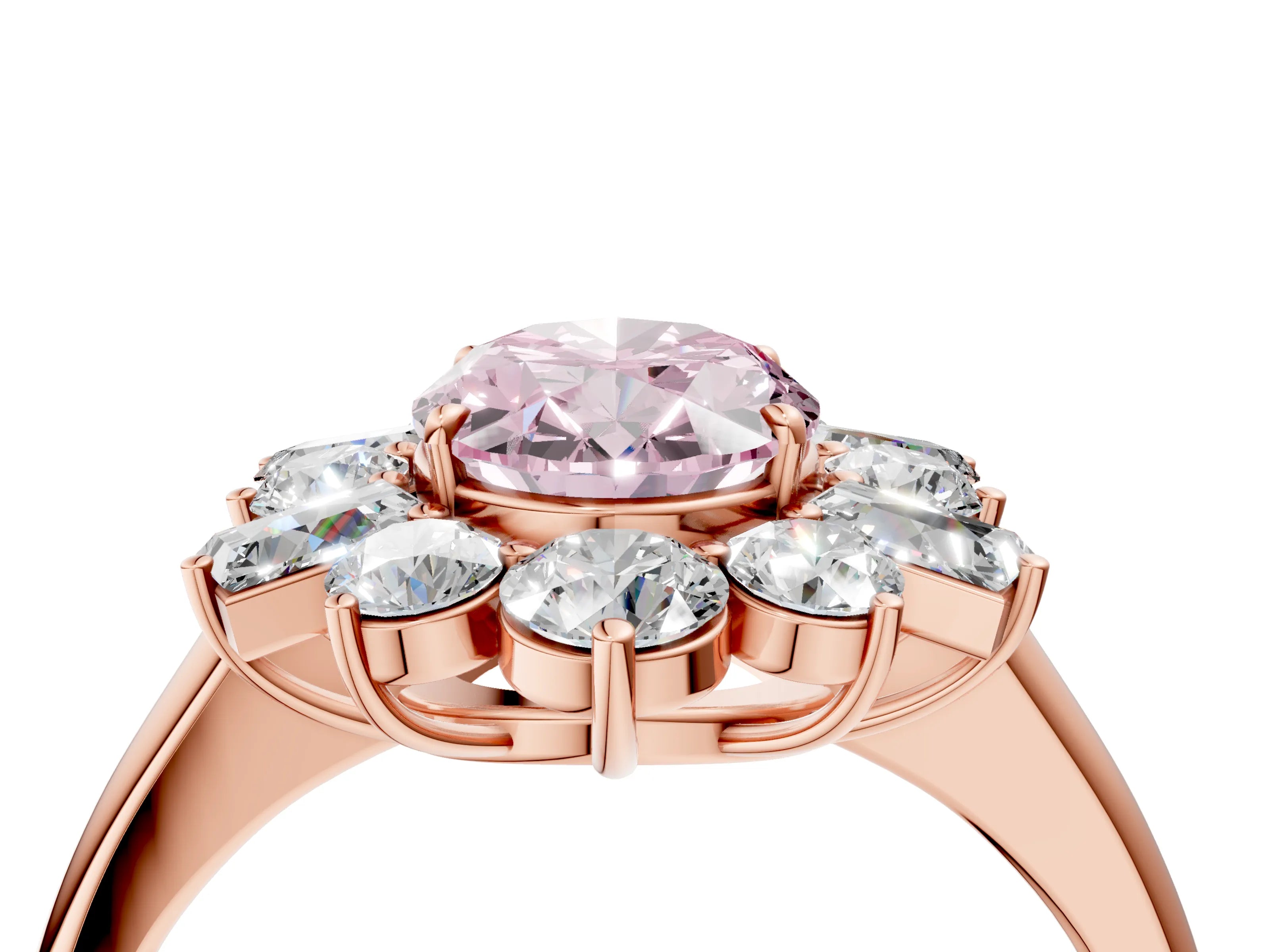 Rose gold Fancy Pink Oval Cut Diamond Cluster Ring with Round and Baguette Stones, Split Shank Band, Prong Setting_4