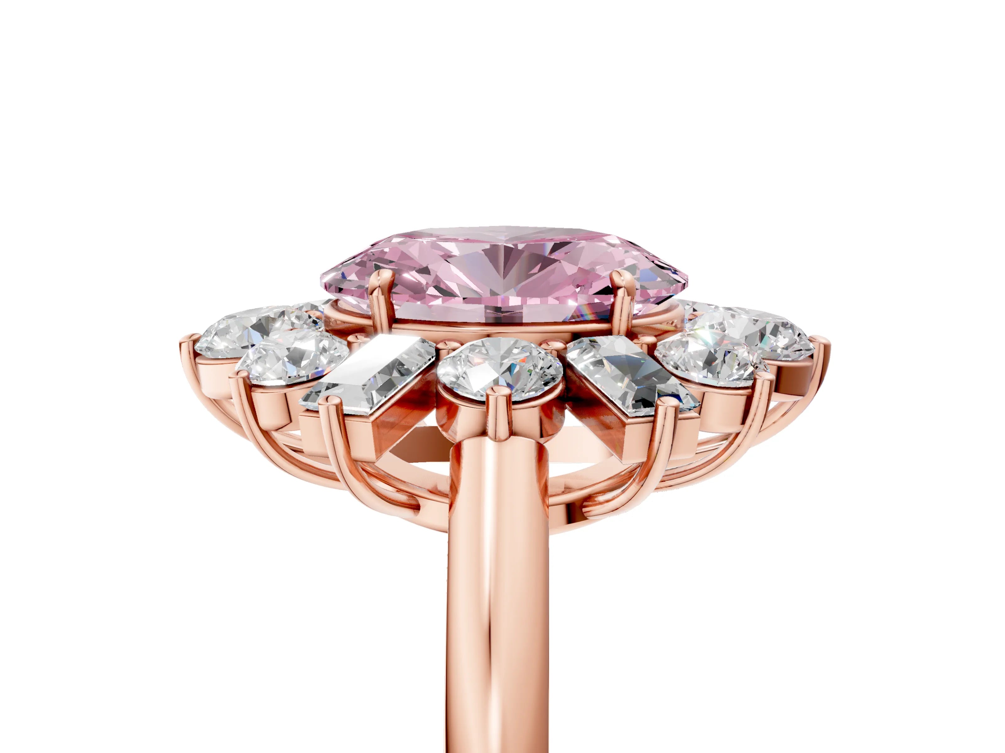 Rose gold Fancy Pink Oval Cut Diamond Cluster Ring with Round and Baguette Stones, Split Shank Band, Prong Setting_5