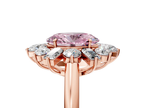 Rose gold Fancy Pink Oval Cut Diamond Cluster Ring with Round and Baguette Stones, Split Shank Band, Prong Setting_5