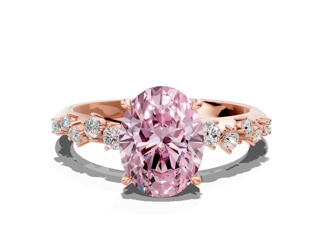 Rose gold Fancy Pink Oval Cut Diamond Cluster Side Stone Solitaire Ring with Prong Setting_53