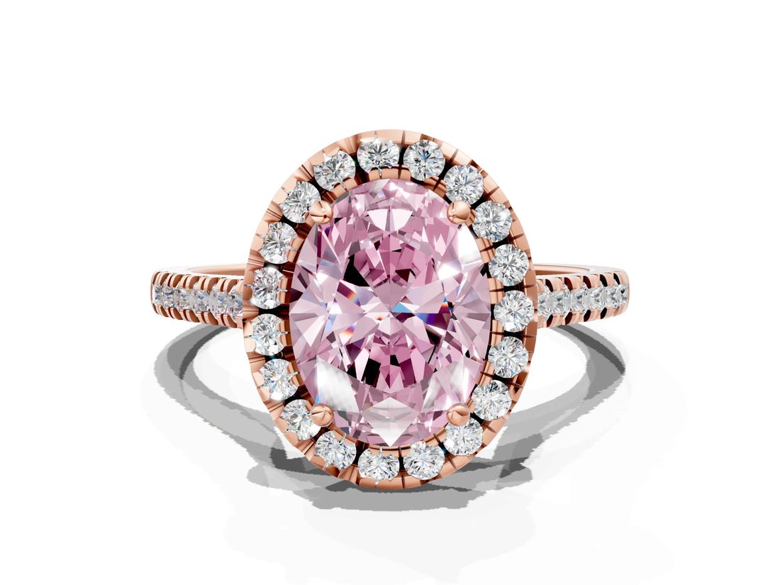 Rose gold Fancy Pink Oval Cut Diamond Cushion Halo Ring with Pavé Band
