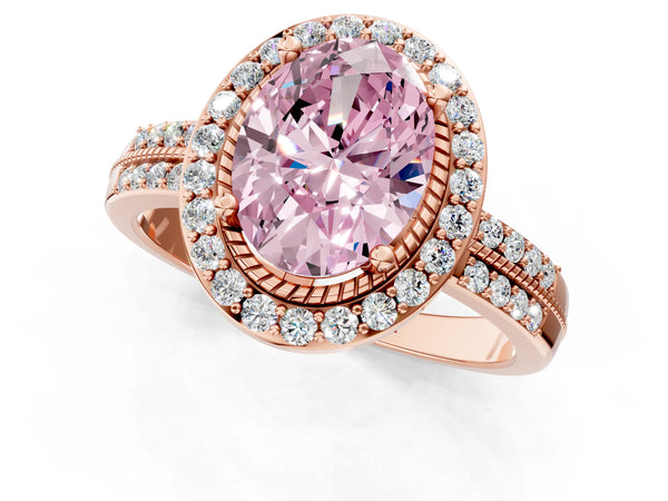 Rose gold Fancy Pink Oval Cut Diamond Double Halo Ring with Split Shank and Four-Prong Setting