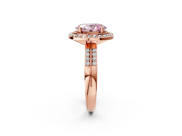 Rose gold Fancy Pink Oval Cut Diamond Double Halo Ring with Split Shank and Four-Prong Setting