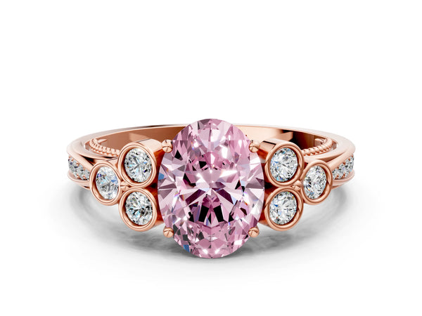 Rose Gold Oval Engagement Ring Setting for Fancy Pink Center with Bezel-Set Shoulder Clusters