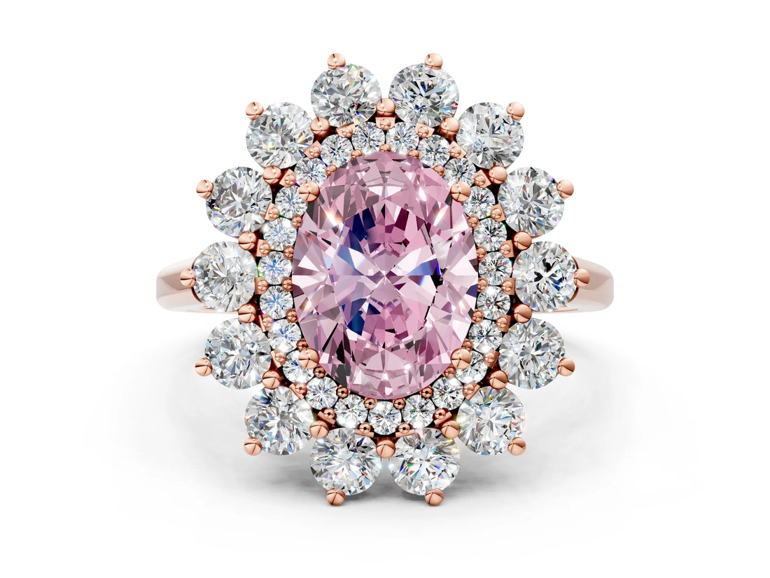 Rose gold Fancy Pink Oval Cut Diamond Floral Double Halo Engagement Ring with Prong Setting_24