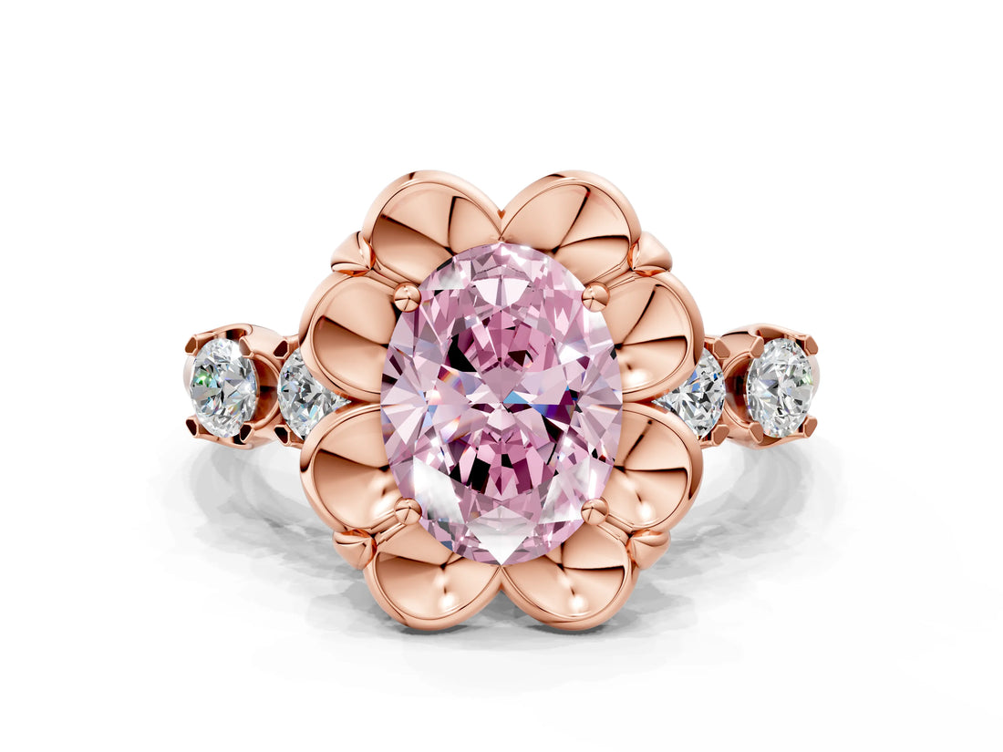 Rose gold Fancy Pink Oval  Cut Diamond Floral Halo Engagement Ring with Shared Prong Setting