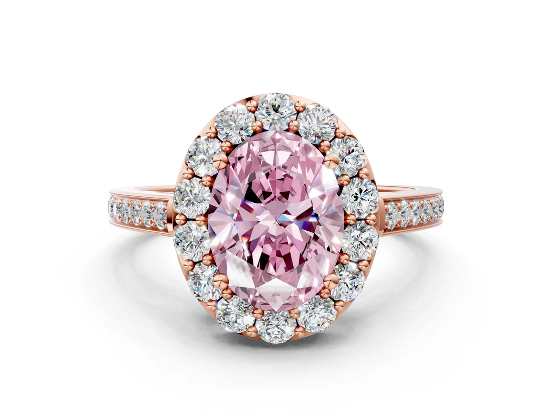 Rose gold Fancy Pink Oval Cut Diamond Floral Halo Ring with Pavé Band and Prong Setting_3