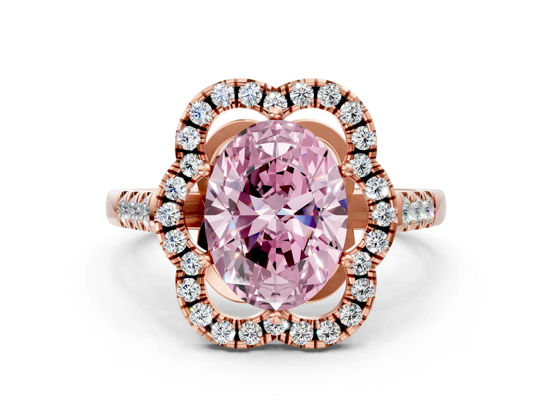 Rose gold Fancy Pink Oval Cut Diamond Floral Halo Split Shank Prong Setting Ring