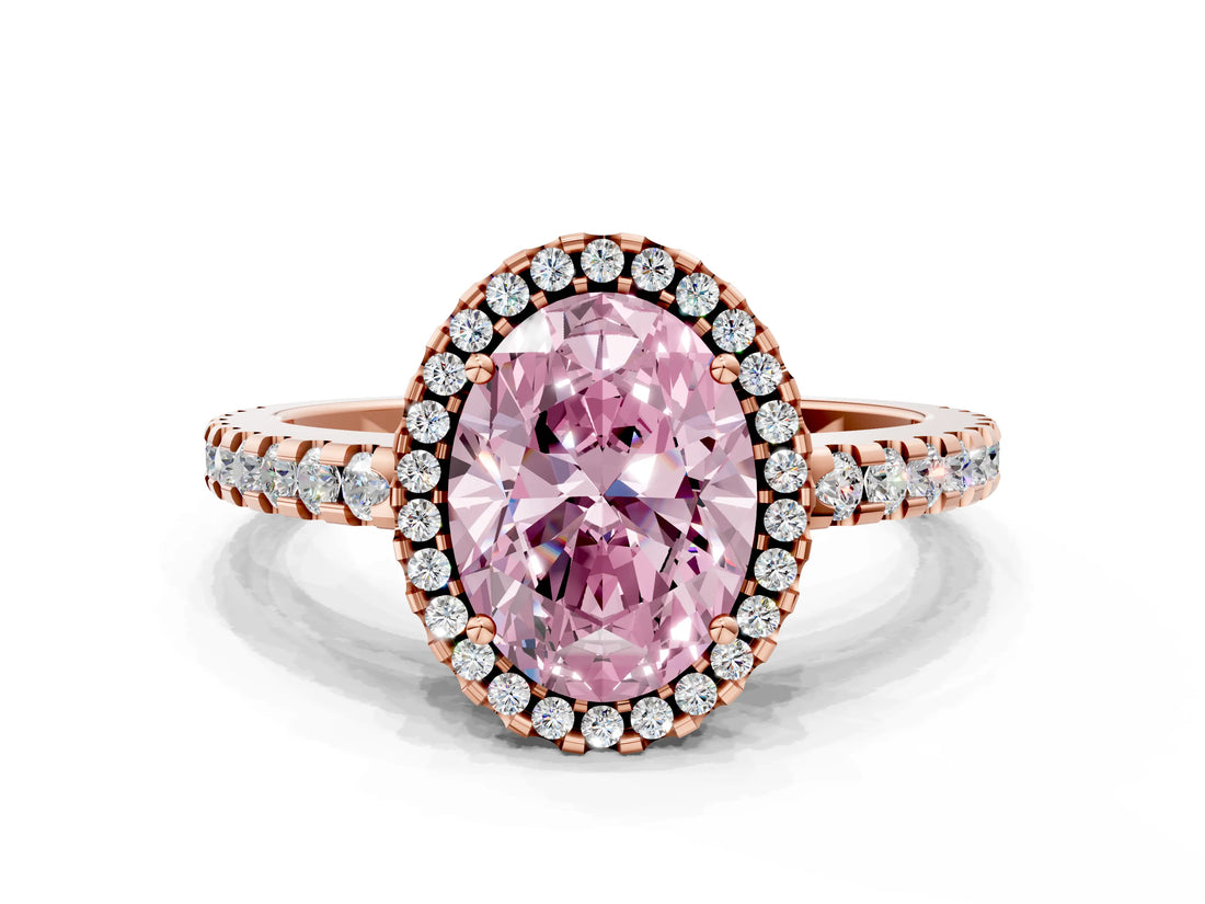 Rose gold Fancy Pink Oval Cut Diamond Halo Engagement Ring with Pavé Band and Prong Setting_27