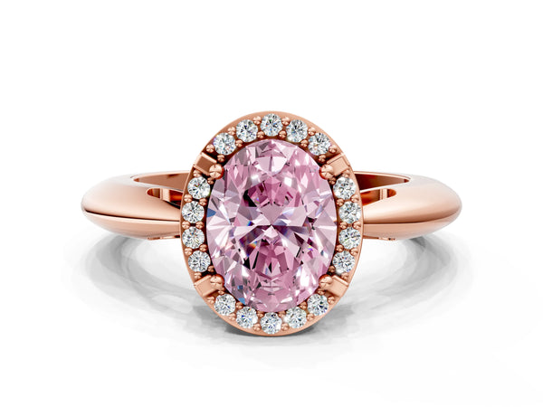 Rose gold Fancy Pink Oval  Cut Diamond Halo Engagement Ring with Split Shank and Four-Prong Setting