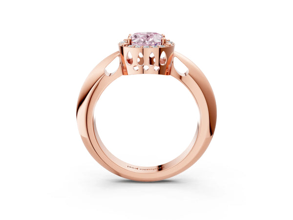 Rose gold Fancy Pink Oval  Cut Diamond Halo Engagement Ring with Split Shank and Four-Prong Setting