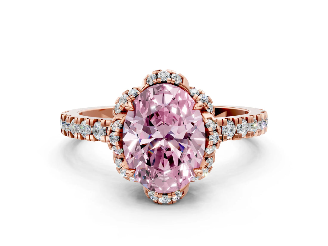 Rose gold Fancy Pink Oval Cut Diamond Halo Pave Band with Four-Prong Setting_3