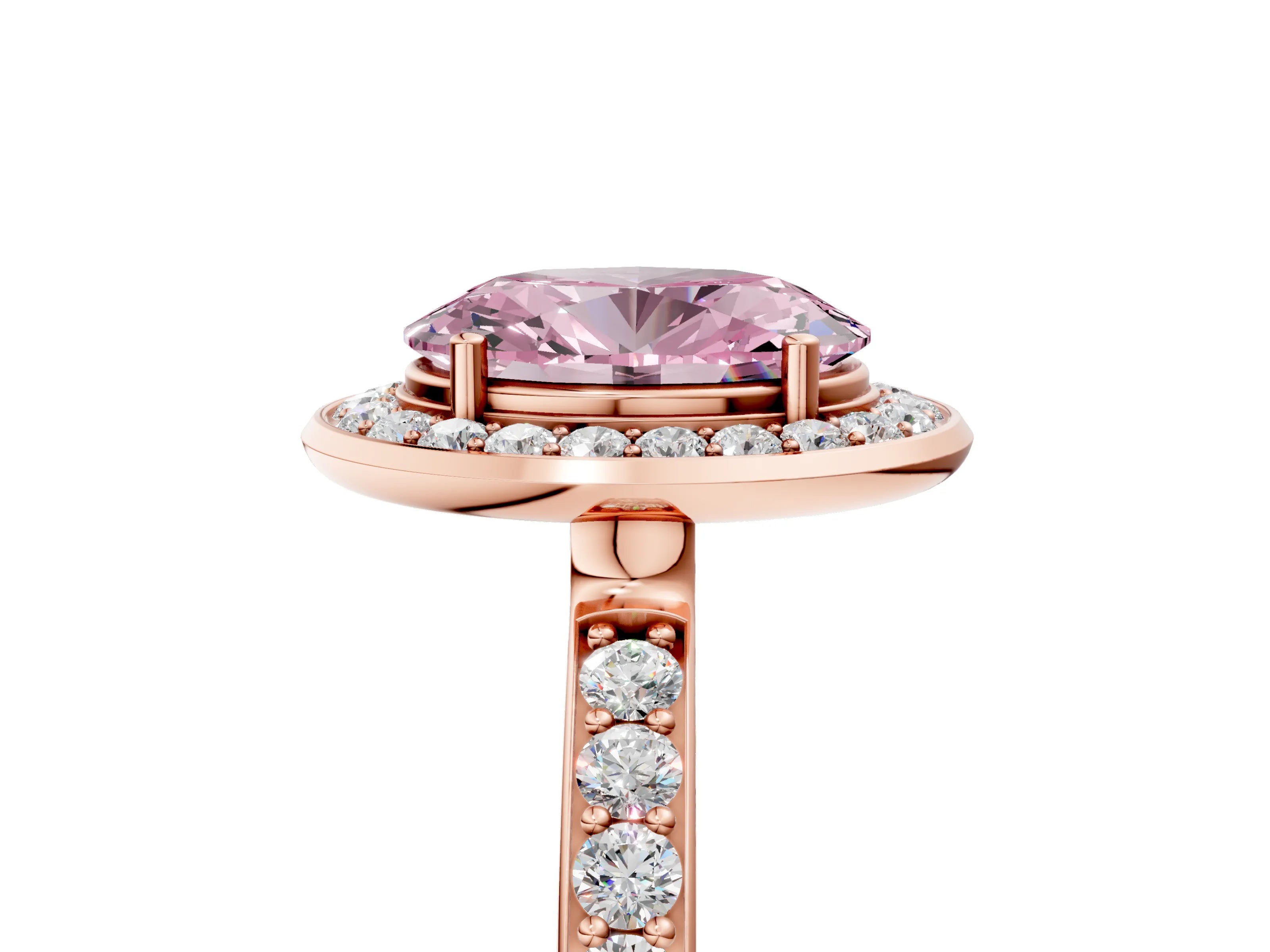 Rose gold Fancy Pink Oval Cut Diamond Halo Ring with Bezel Frame and Pavé Band_5