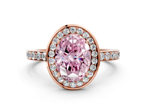 Rose gold Fancy Pink Oval Cut Diamond Halo Ring with Bezel Frame and Pavé Band