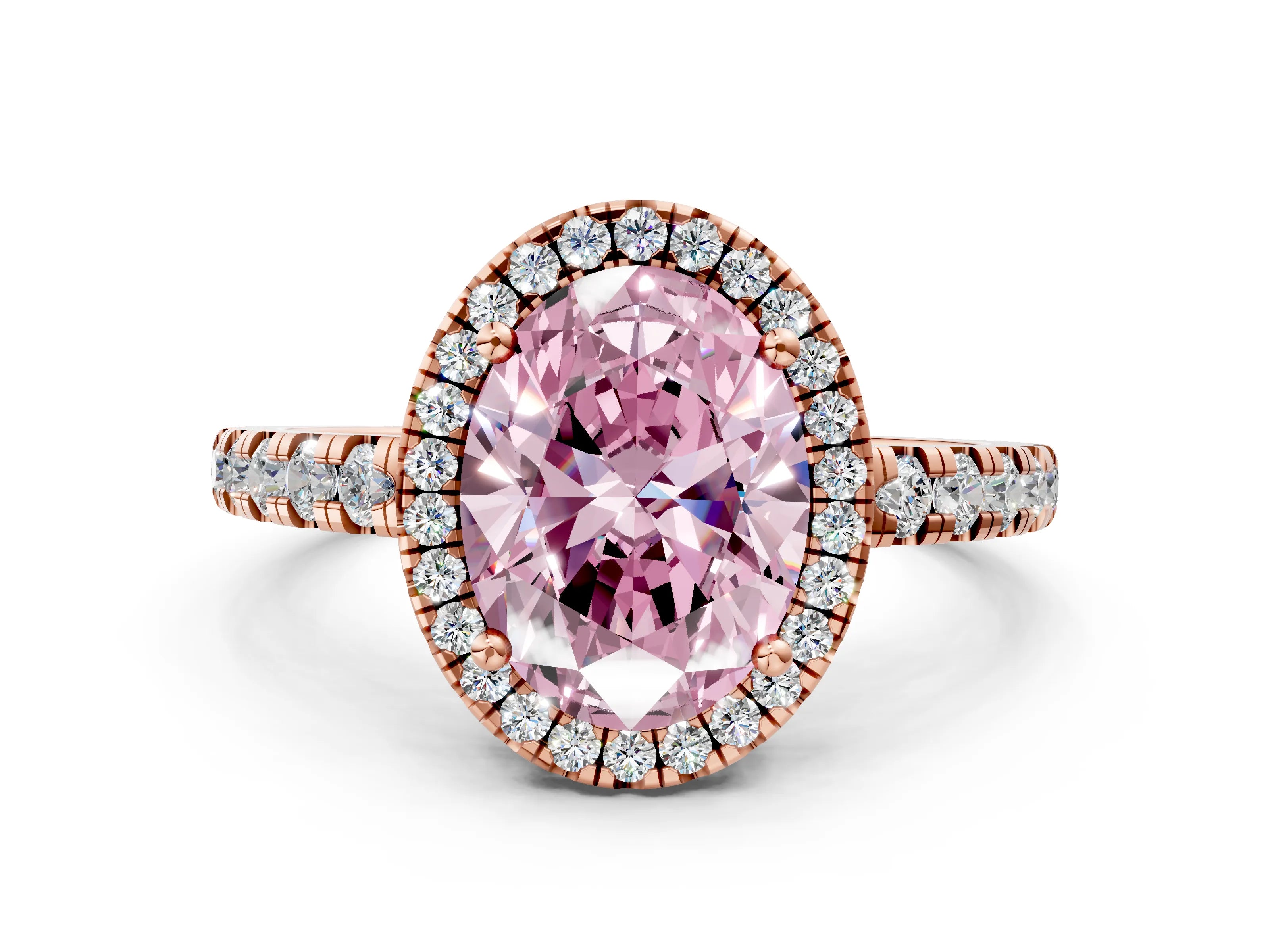 Rose gold Fancy Pink Oval Cut Diamond Halo Ring with Pavé Band and Four-Prong Setting
