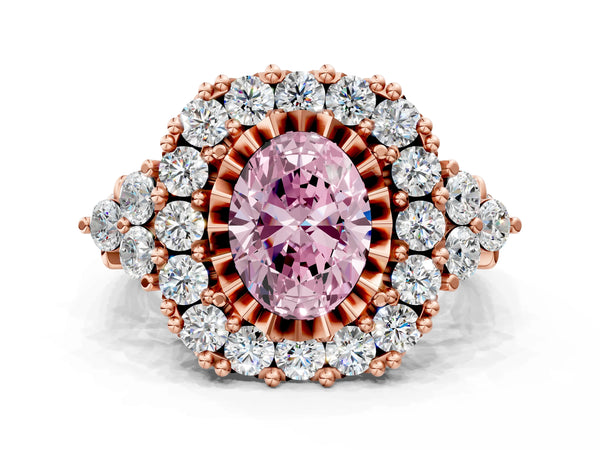 Rose gold Fancy Pink Oval Cut Diamond Halo Ring with Pavé Band and Four-Prong Setting