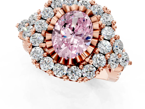 Rose gold Fancy Pink Oval Cut Diamond Halo Ring with Pavé Band and Four-Prong Setting