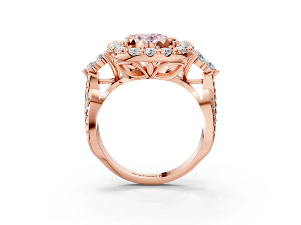 Rose gold Fancy Pink Oval Cut Diamond Halo Ring with Pavé Band and Four-Prong Setting