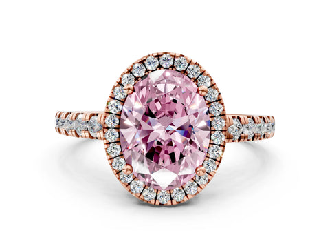 Rose gold Fancy Pink Oval Cut Diamond Halo Ring with Pavé Band and Four-Prong Setting