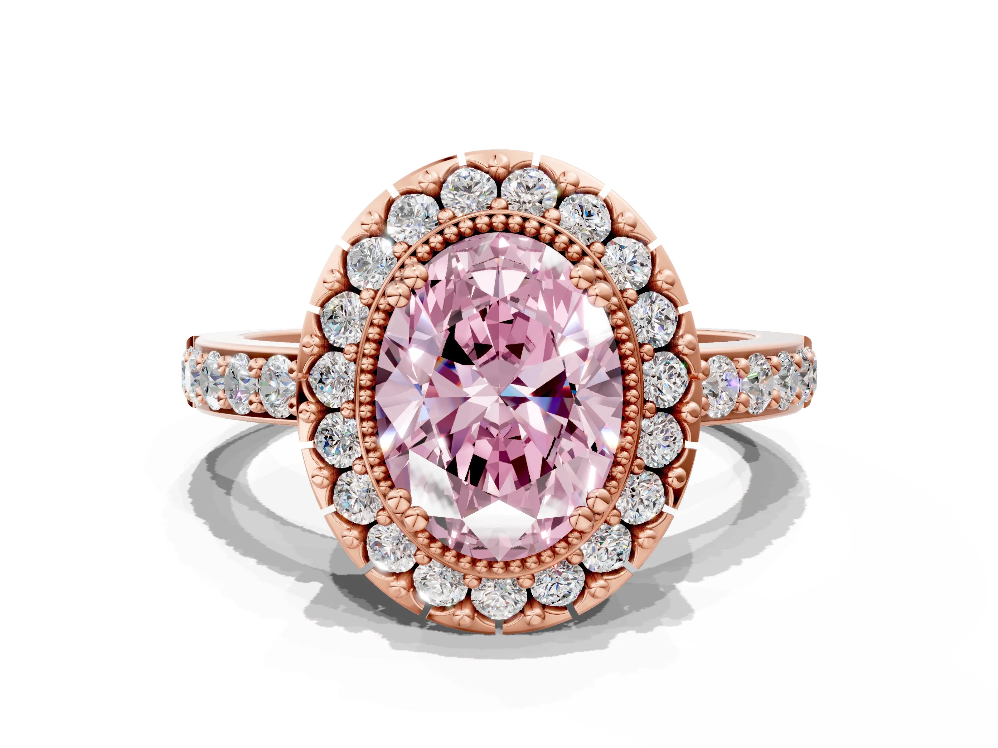 Rose gold Fancy Pink Oval Cut Diamond Halo Ring with Pavé Band and Prong Setting