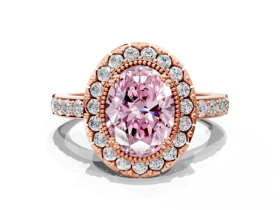 Rose gold Fancy Pink Oval Cut Diamond Halo Ring with Pavé Band and Prong Setting