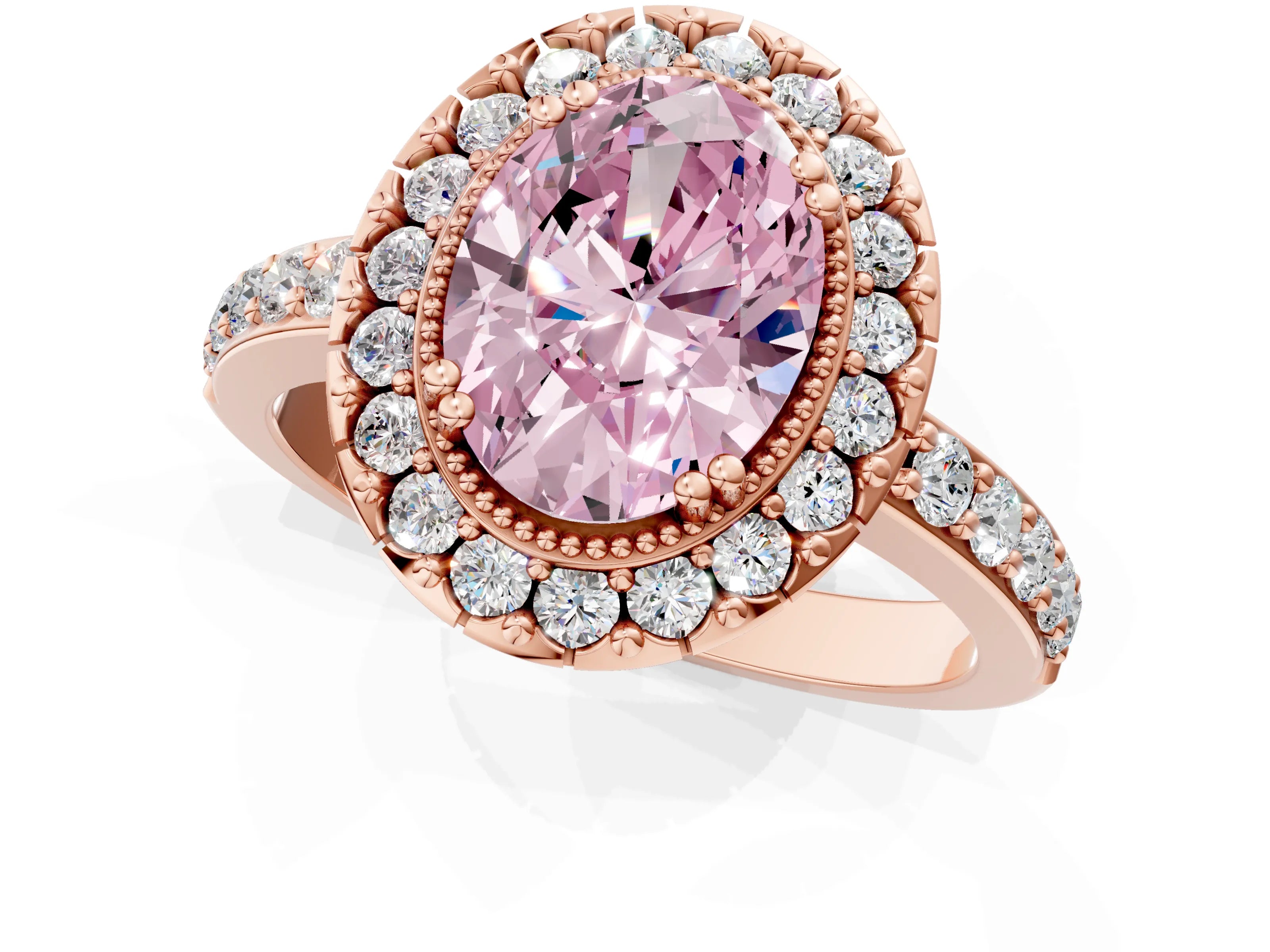 Rose gold Fancy Pink Oval Cut Diamond Halo Ring with Pavé Band and Prong Setting_1