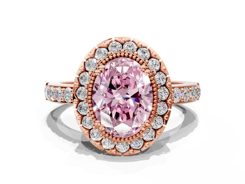 Rose gold Fancy Pink Oval Cut Diamond Halo Ring with Pavé Band and Prong Setting