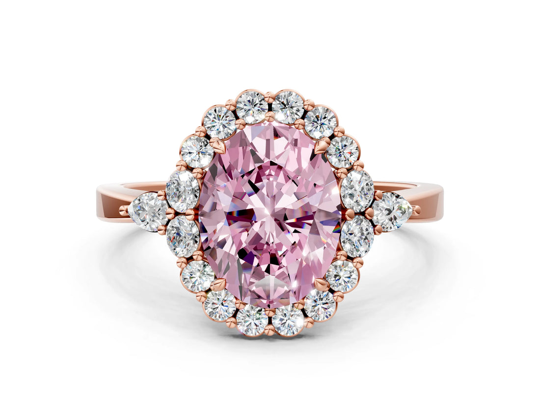 Rose gold Fancy Pink Oval Cut Diamond Halo Ring with Pear Side Stones and Prong Setting_83