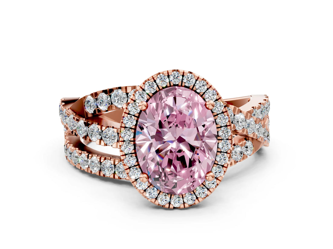 Rose gold Fancy Pink Oval Cut Diamond Halo Ring with Round Split Shank and Prong Setting_48