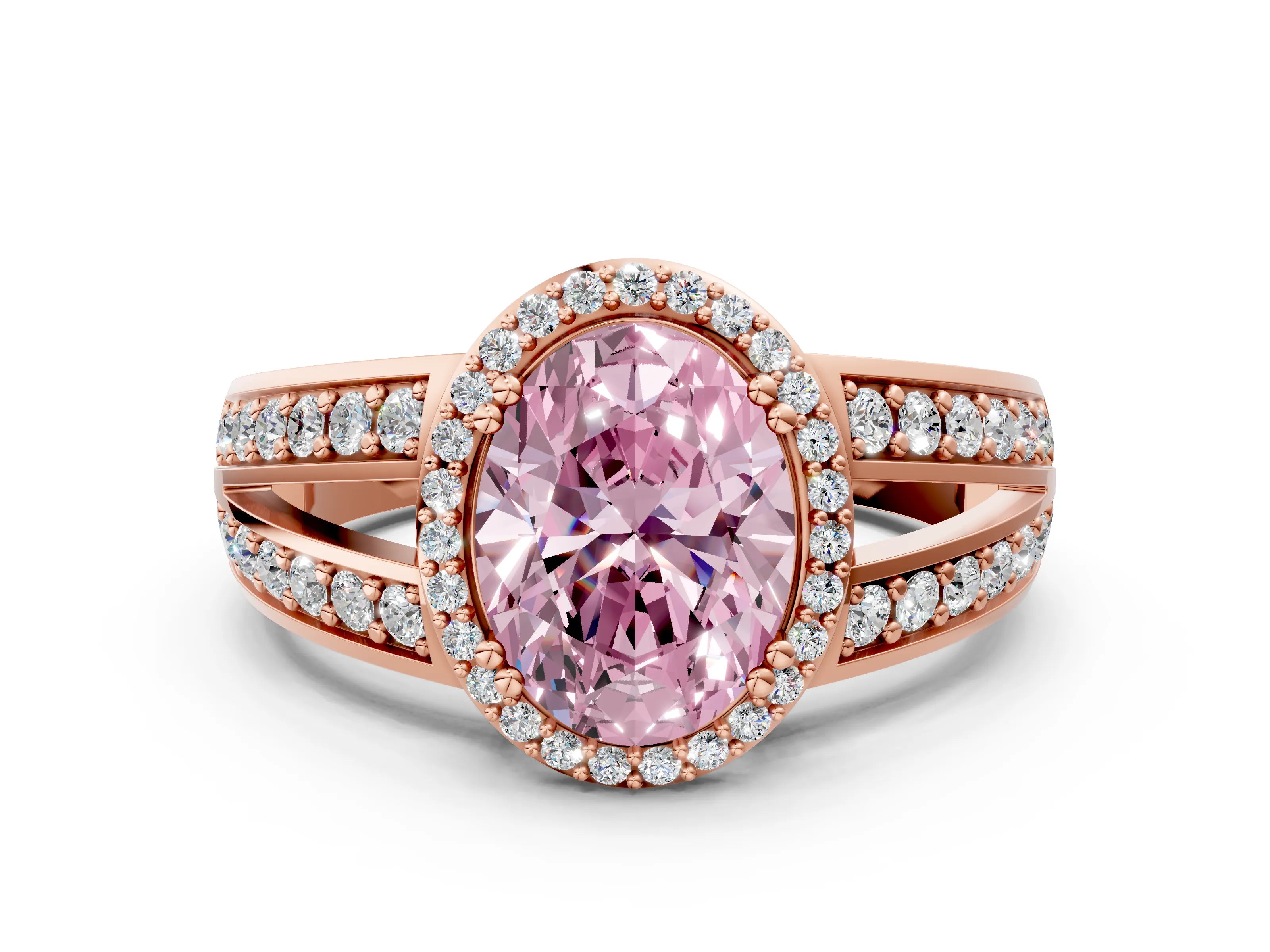 Rose gold Fancy Pink Oval Cut Diamond Halo Ring with Split Shank Pavé Band and Four-Prong Setting