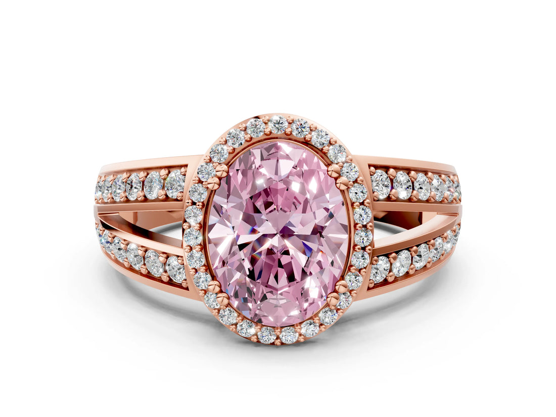 Rose gold Fancy Pink Oval Cut Diamond Halo Ring with Split Shank Pavé Band and Four-Prong Setting