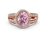 Rose gold Fancy Pink Oval Cut Diamond Halo Ring with Split Shank Pavé Band and Four-Prong Setting