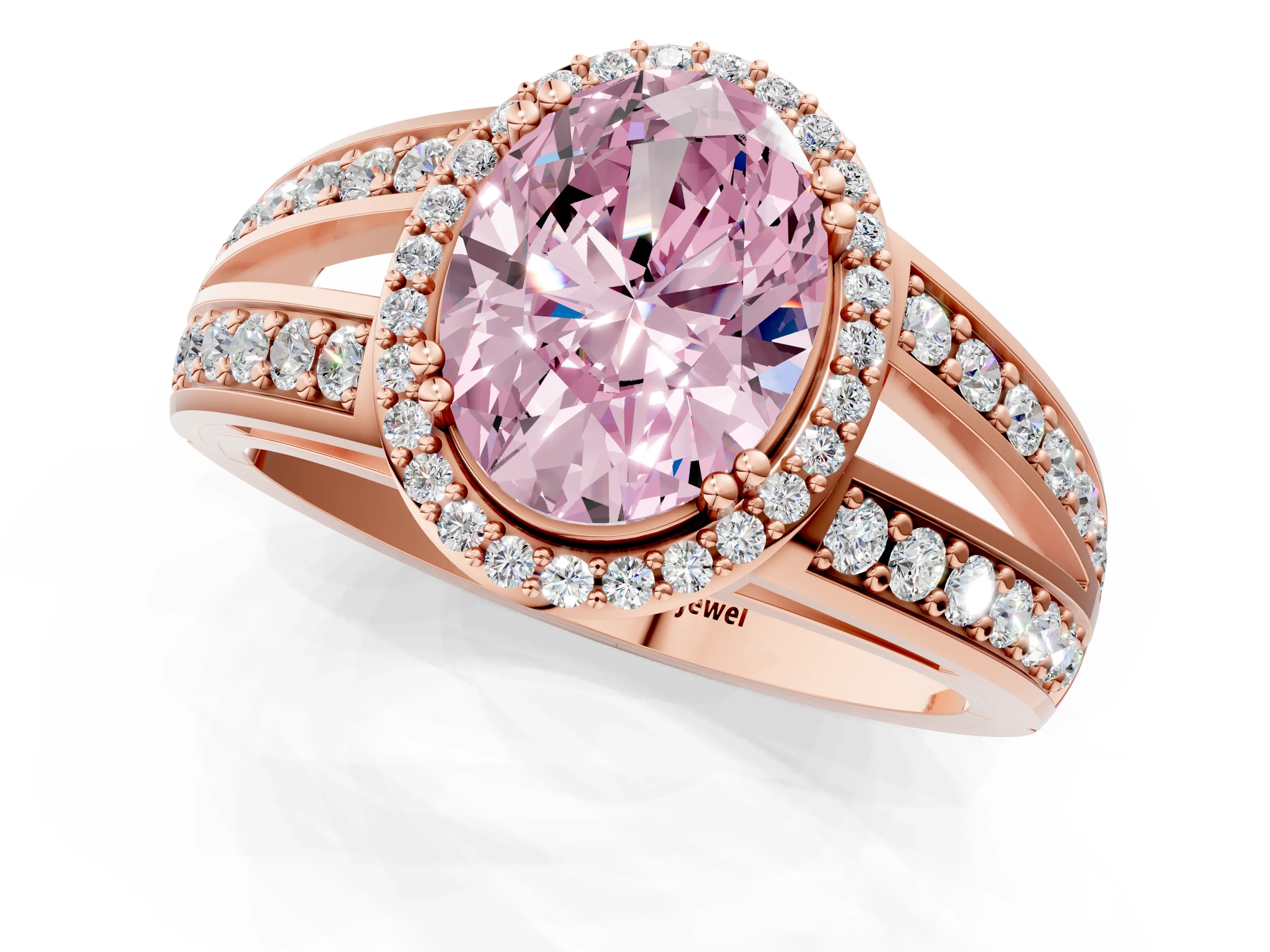 Rose gold Fancy Pink Oval Cut Diamond Halo Ring with Split Shank Pavé Band and Four-Prong Setting_1