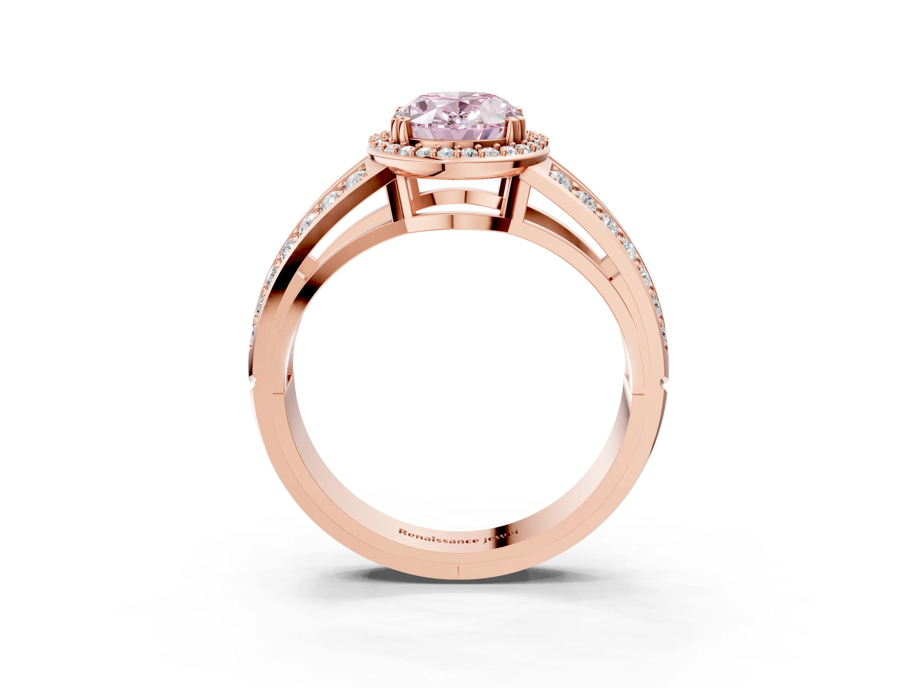 Rose gold Fancy Pink Oval Cut Diamond Halo Ring with Split Shank Pavé Band and Four-Prong Setting_3