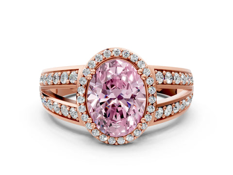 Rose gold Fancy Pink Oval Cut Diamond Halo Ring with Split Shank Pavé Band and Four-Prong Setting