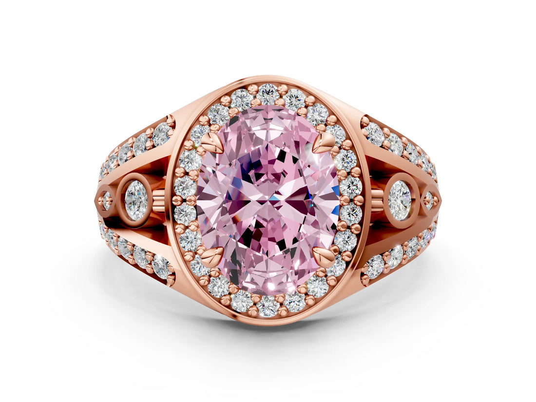 Rose gold Fancy Pink Oval Cut Diamond Halo Ring with Split Shank and Bezel Accents and Four-Prong Setting