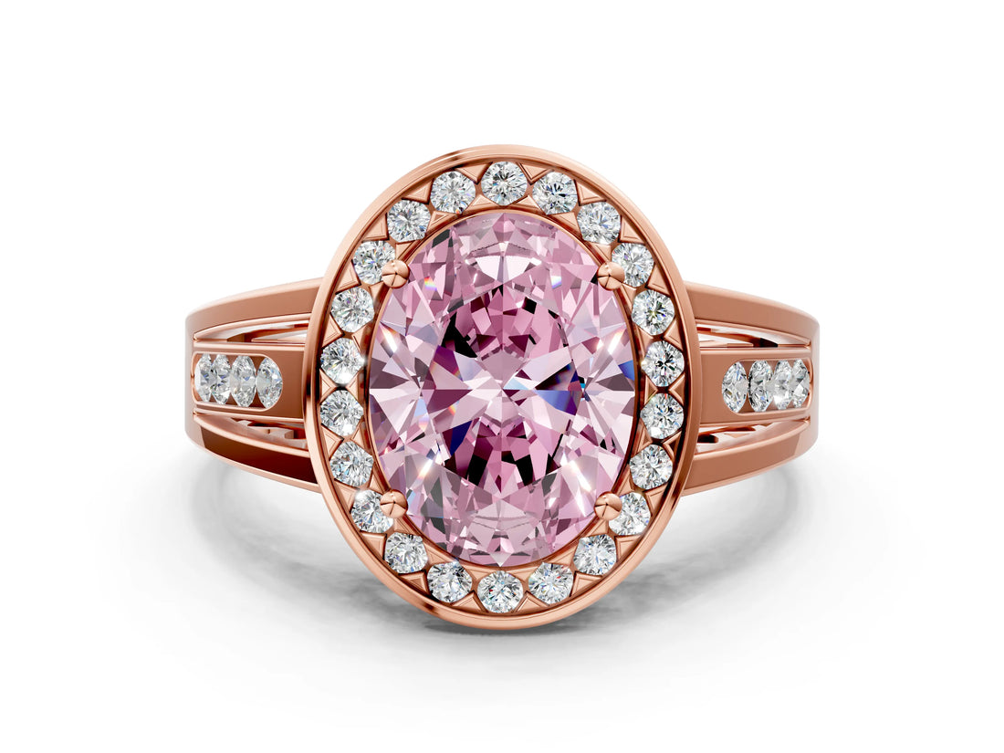 Rose gold Fancy Pink Oval Cut Diamond Halo Ring with Split Shank and Bezel Accents and Prong Setting