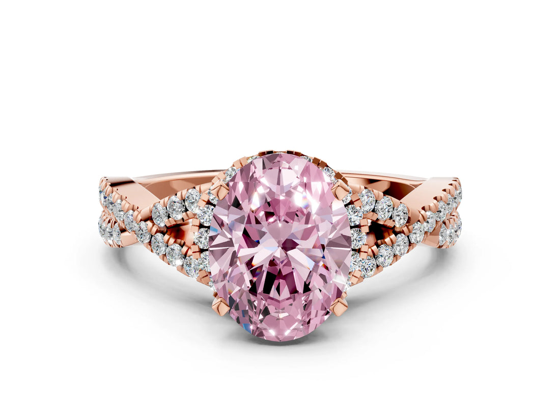 Rose gold Fancy Pink Oval Cut Diamond  Halo Twist Band Solitaire Prong Setting Ring_42