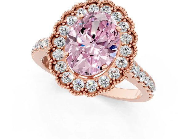 Rose gold Fancy Pink Oval  Cut Diamond Milgrain Floral Halo Engagement Ring with Pavé Band