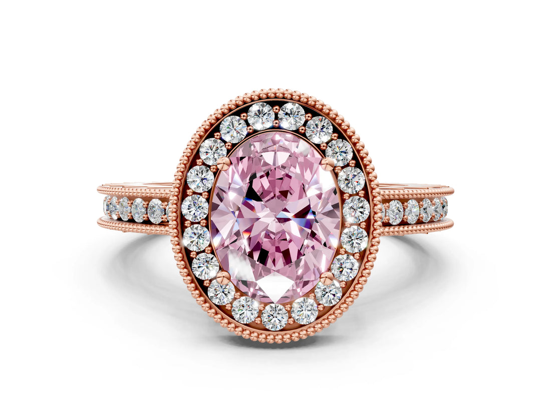 Rose gold Fancy Pink Oval Cut Diamond Milgrain Halo Engagement Ring with Round Pavé Band and Prong Setting_13