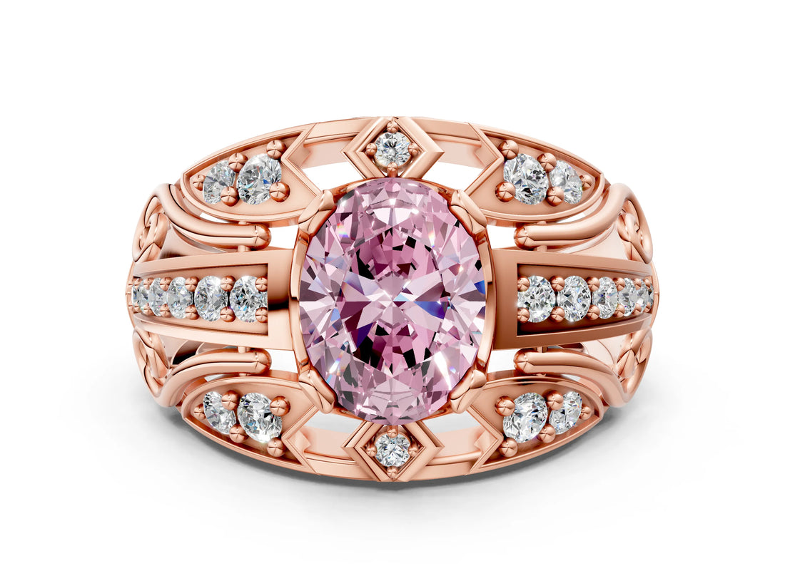 Rose gold Fancy Pink Oval Cut Diamond Pave Art Deco Split Shank Ring with Four-Prong Setting