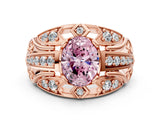 Rose gold Fancy Pink Oval Cut Diamond Pave Art Deco Split Shank Ring with Four-Prong Setting