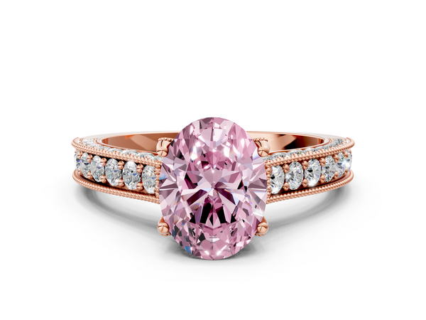 Rose gold Fancy Pink Oval  Cut Diamond Solitaire Ring with Milgrain Pave Band and Four Prong Setting