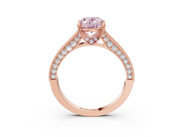 Rose gold Fancy Pink Oval  Cut Diamond Solitaire Ring with Milgrain Pave Band and Four Prong Setting