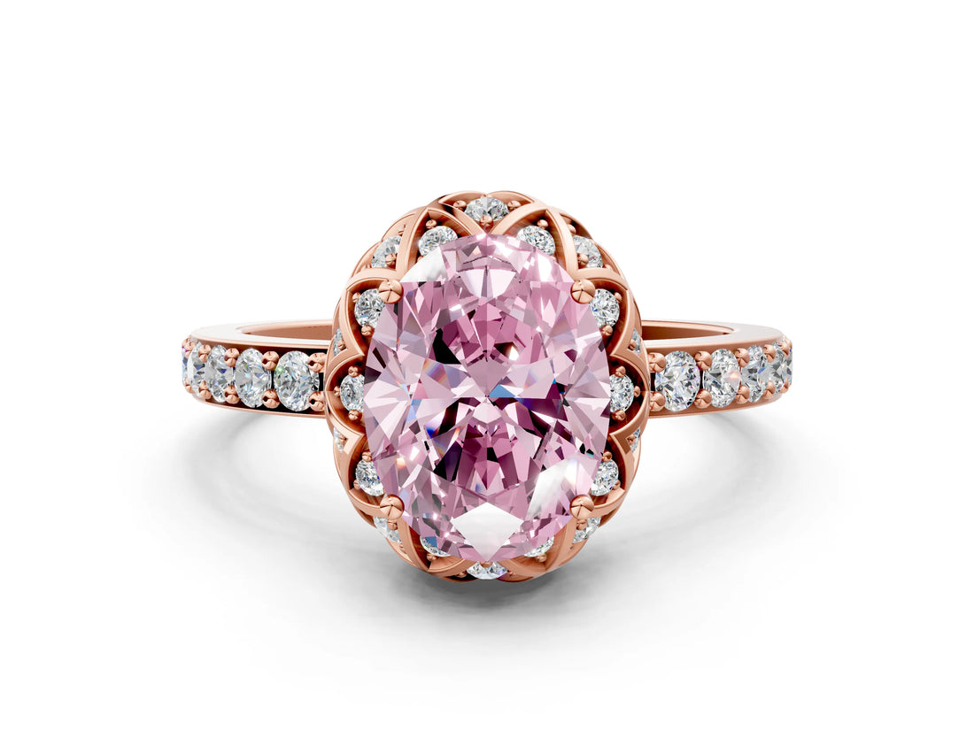 Rose gold Fancy Pink Oval Cut Diamond Scalloped Halo Engagement Ring with Round Shared Prong Band_12