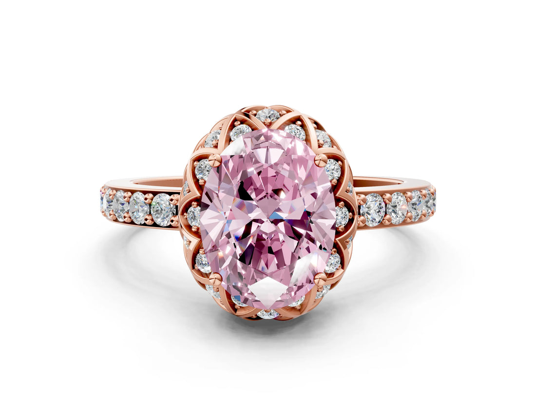 Rose gold Fancy Pink Oval Cut Diamond Scalloped Halo Engagement Ring with Round Shared Prong Band_24