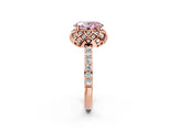 Rose gold Fancy Pink Oval Cut Diamond Scalloped Halo Engagement Ring with Round Shared Prong Band_26