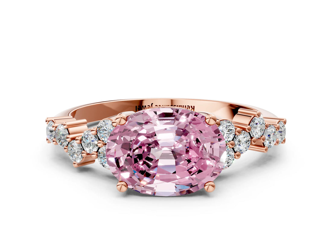 Rose gold Fancy Pink Oval Cut Diamond Scattered Round Accent Ring with Prong Setting_12